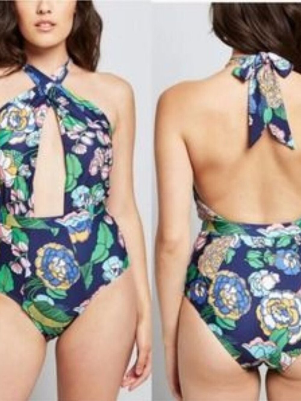 Modcloth Bethany One Piece Halter Swimsuit Blue Floral Plunge